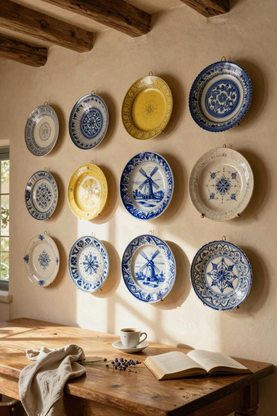 Plate wall decor with Italian majolica in morning light