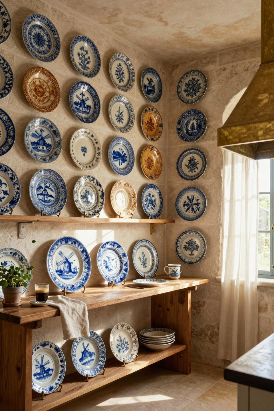 Plate wall decor spanning floor to ceiling with antique ceramics