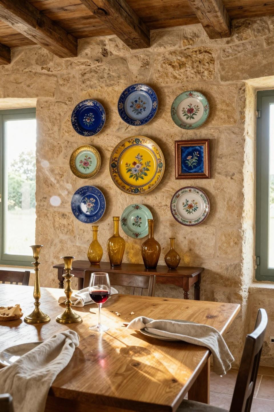Plate wall decor in European dining room with gold metallic details
