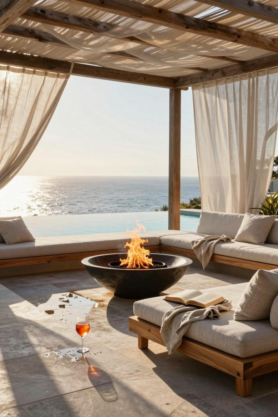 Backyard Fire Pit Ideas Lounge Areas - sleek poolside setup with ocean horizon