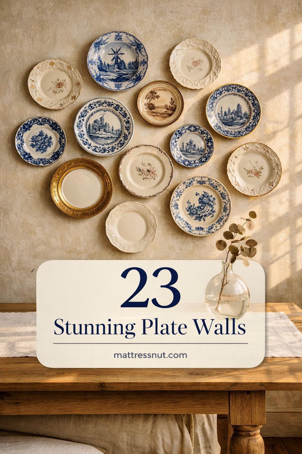 Collection of white and blue porcelain decorative plates arranged in gallery wall pattern on textured plaster wall