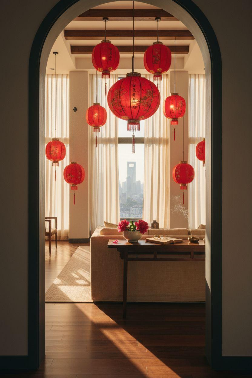 red lanterns visible through painted archway with warm backlighting