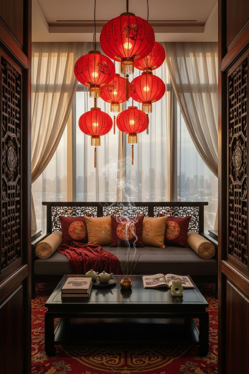 red lanterns framed in doorway with city view