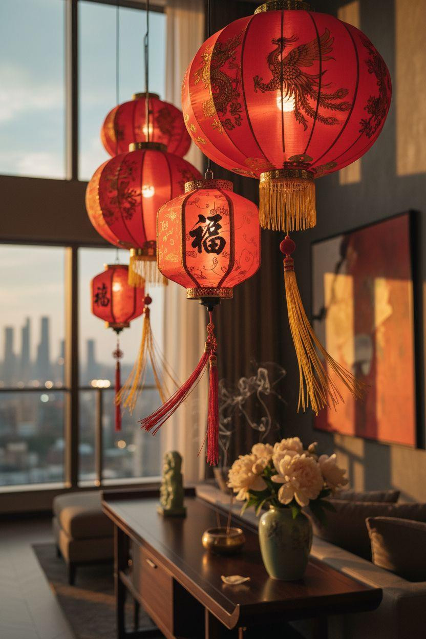red lanterns with gold calligraphy and bokeh background