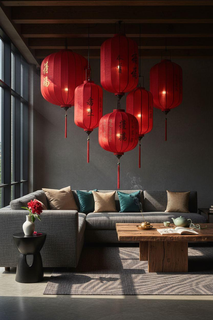 red lanterns with dramatic side lighting in contemporary space