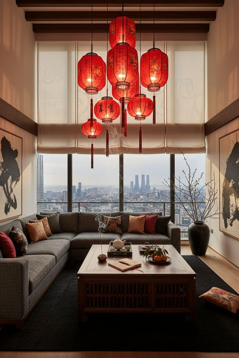 red lanterns hanging over modern sectional with cityscape view