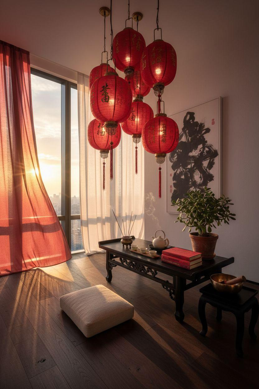 red lanterns in minimal meditation room with altar table