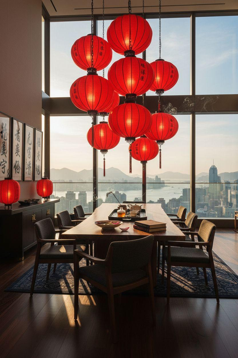 red lanterns above dining table with dramatic natural edge and skyline