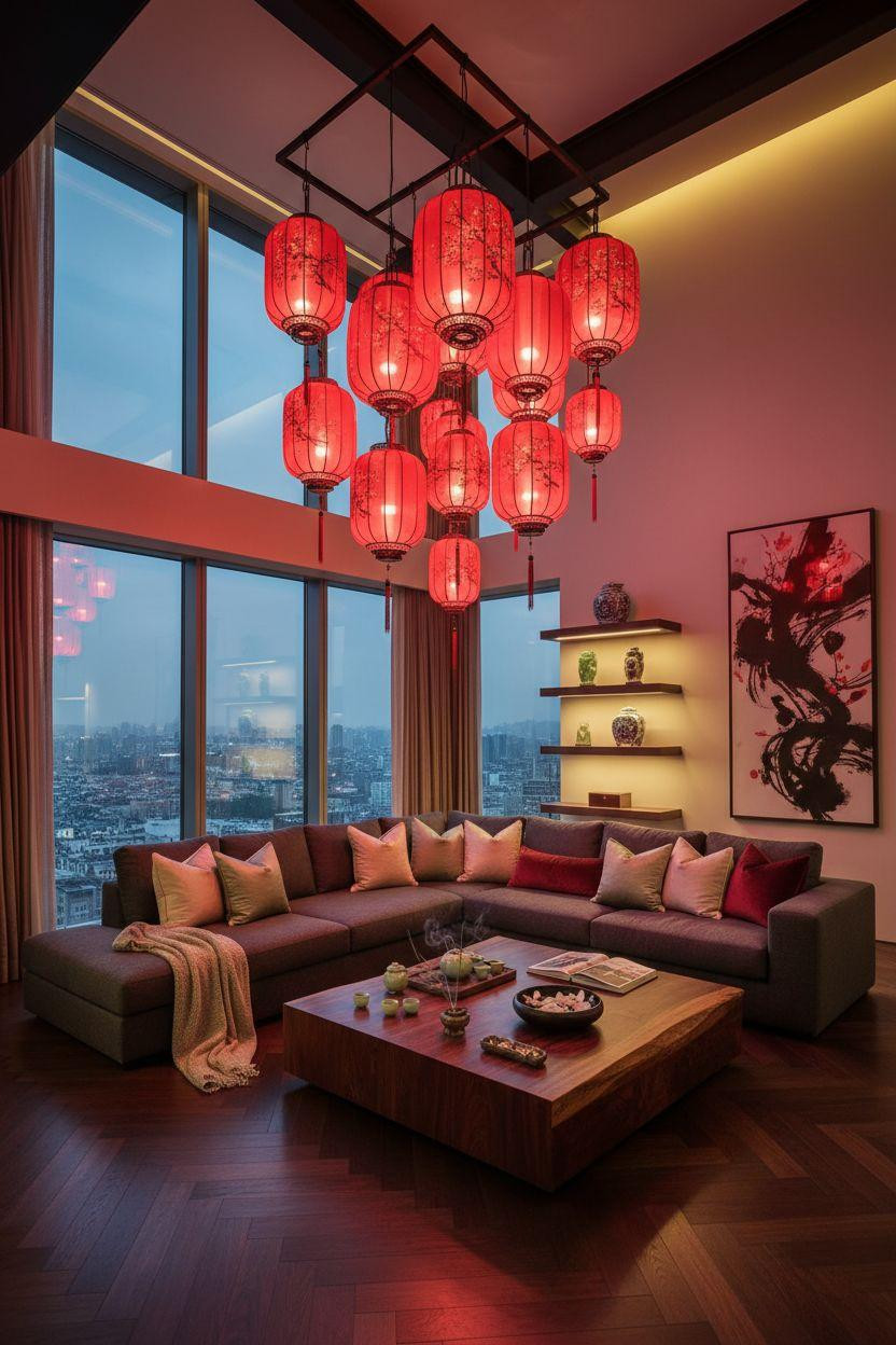 red lanterns at varied heights above modern seating with city view