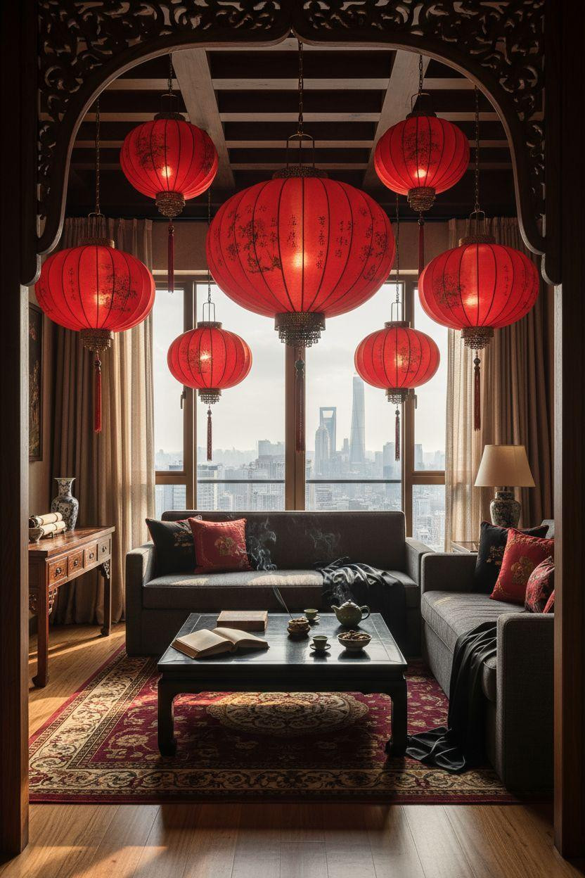 red lanterns viewed through ornate doorway with dramatic lighting