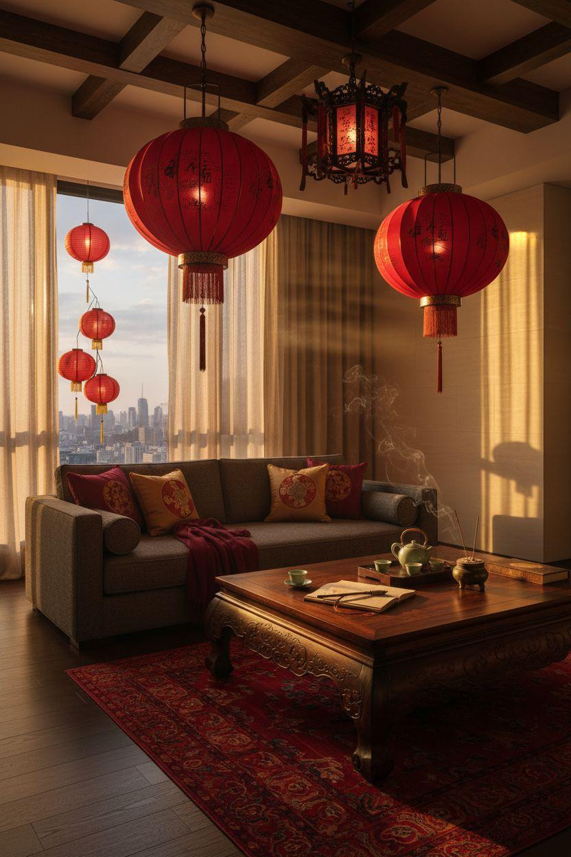 red lanterns with brass details over contemporary furniture