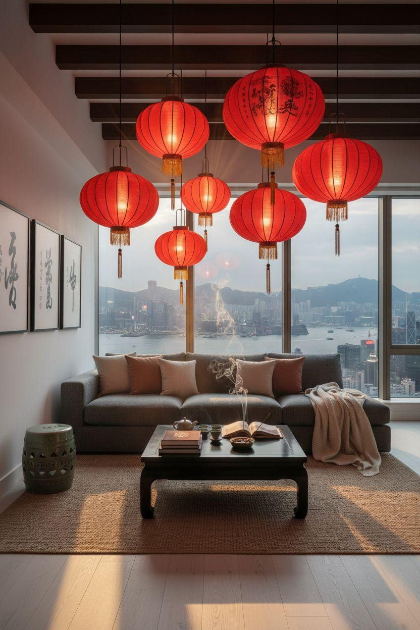 red lanterns backlit by tall windows with natural light