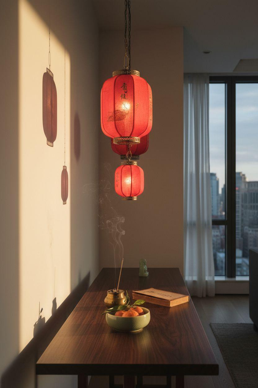 red lanterns along console table with wall shadows