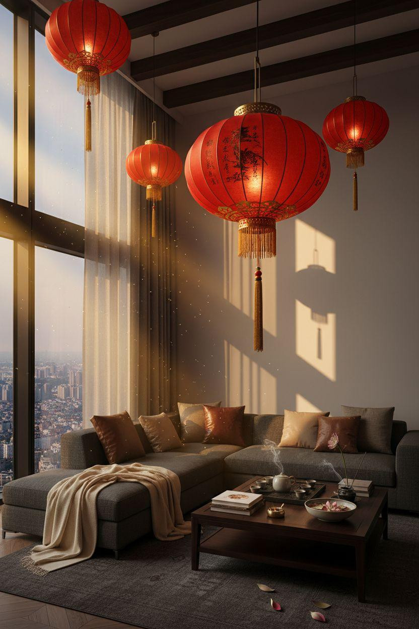 red lanterns in dramatic vertical arrangement with urban backdrop