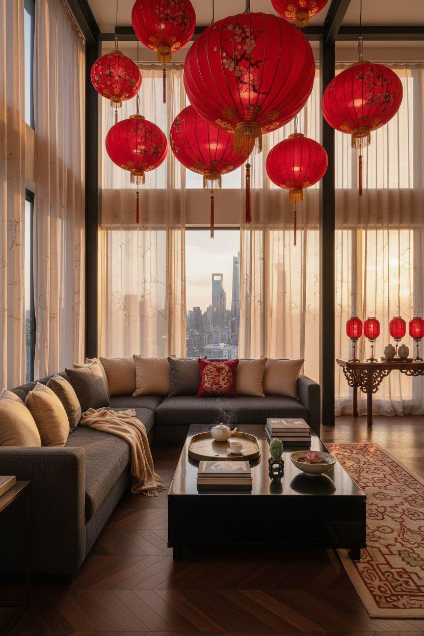 red lanterns in luxe living room with skyline and layered textiles
