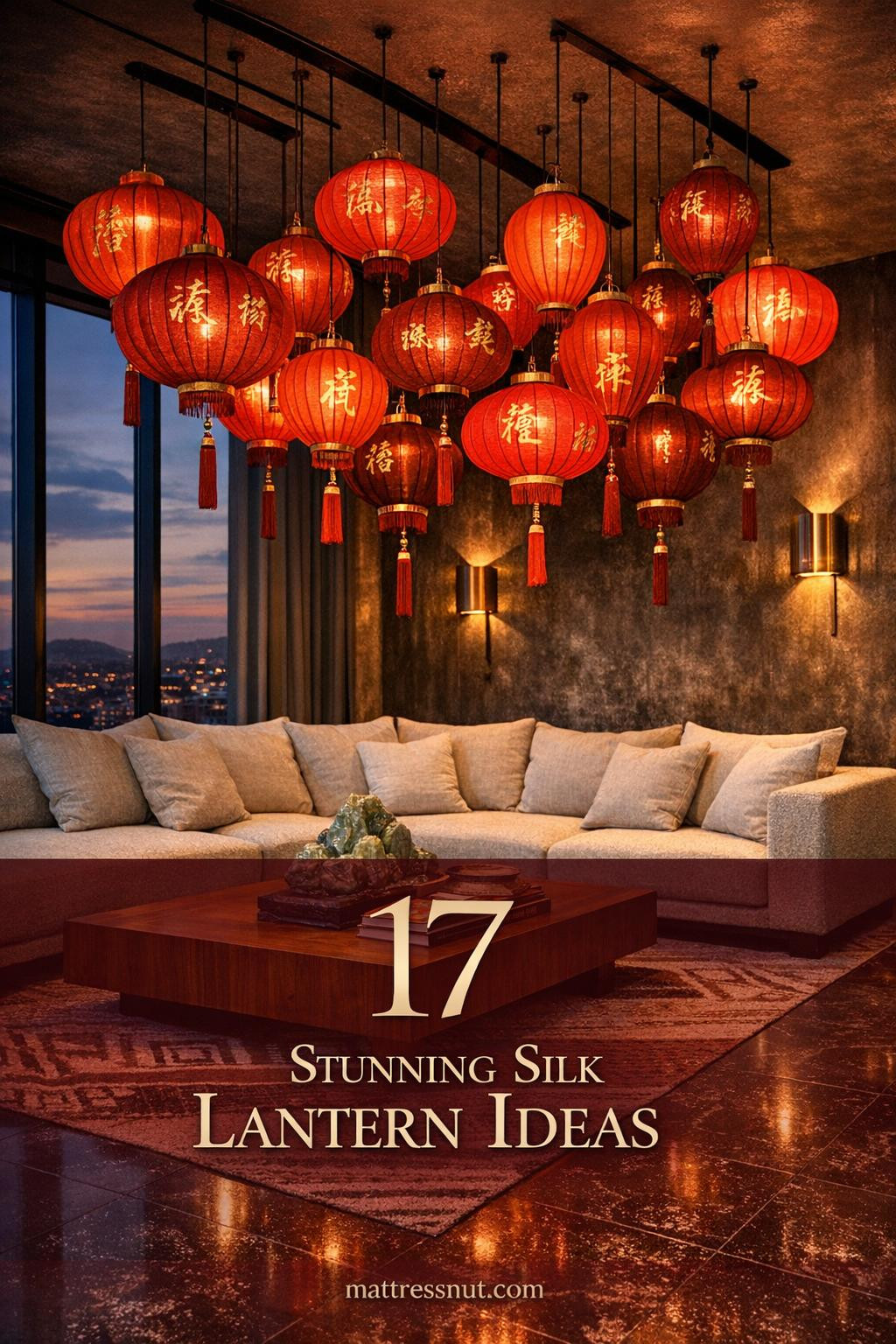 Modern living room with seventeen glowing crimson silk lanterns suspended above cream boucle sectional and walnut table