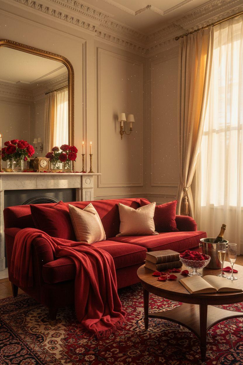 red Valentine's decor with champagne on ice and Persian rug