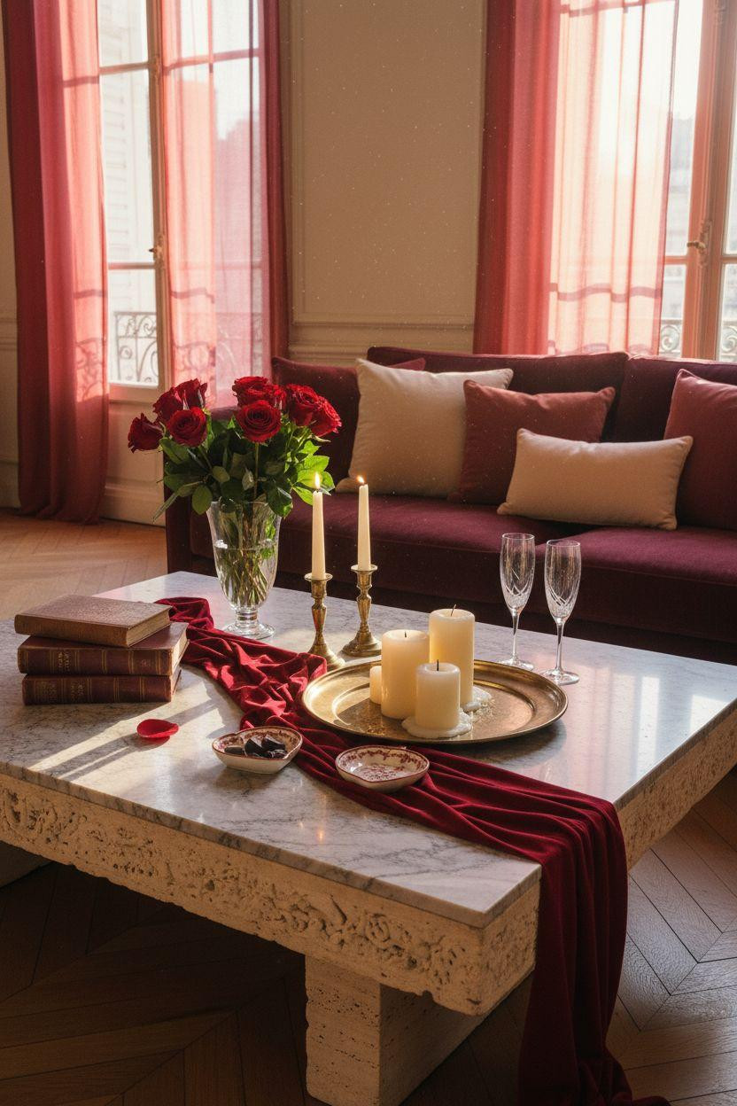 red Valentine's decor with marble coffee table and crimson ribbon
