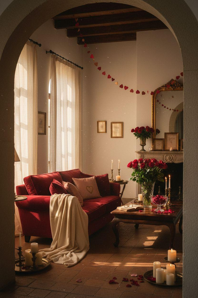 red Valentine's decor in Tuscan villa with jewel-tone crimson sofa
