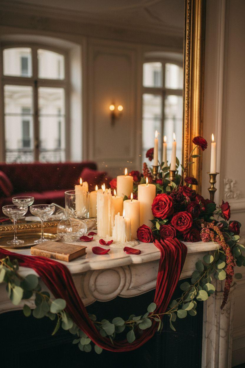 red Valentine's decor with marble mantel and crimson roses