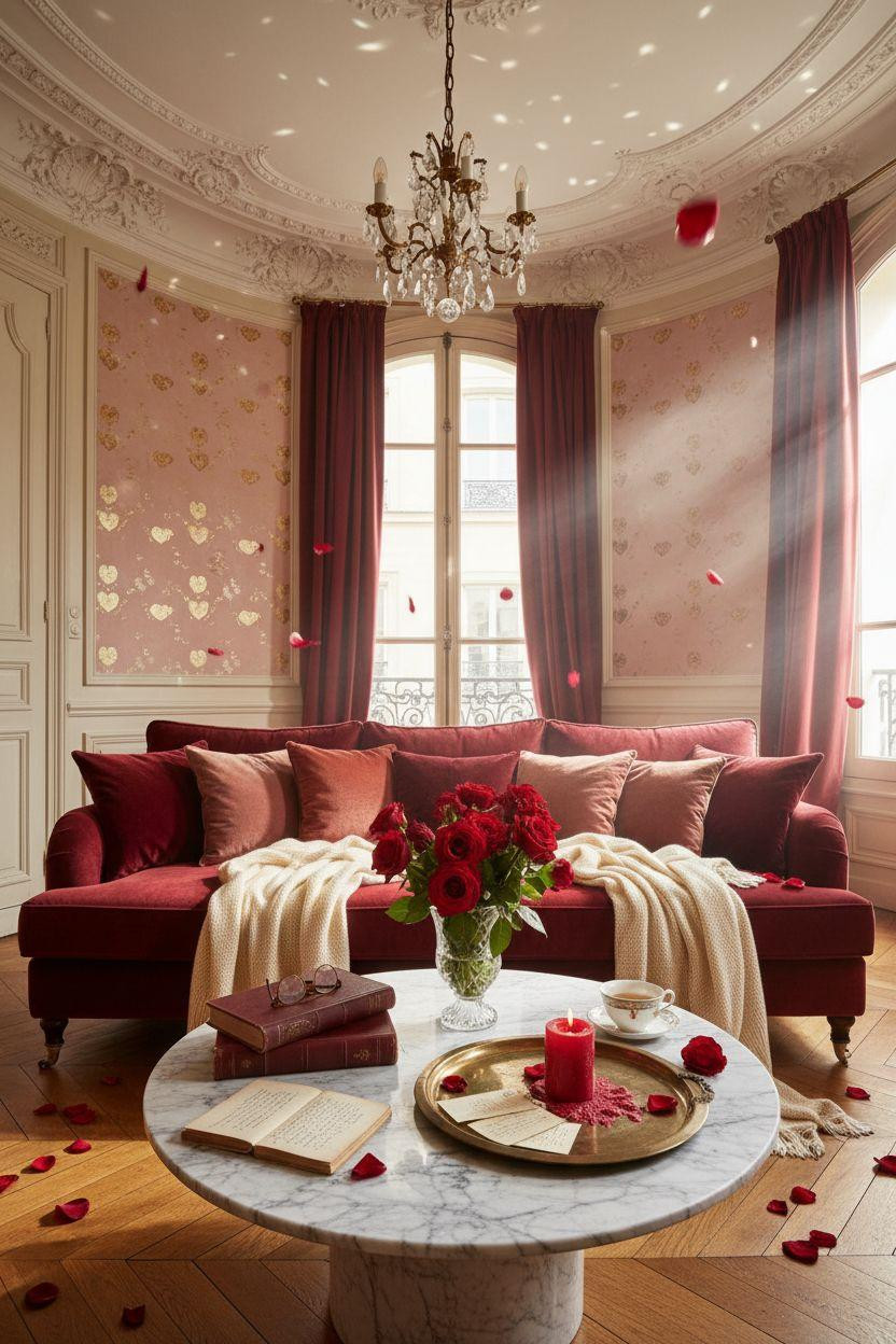 red Valentine's decor featuring burgundy velvet sofa and blush wallpaper