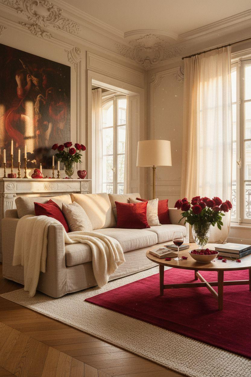 red Valentine's decor with crimson velvet sofa and ivory pillows
