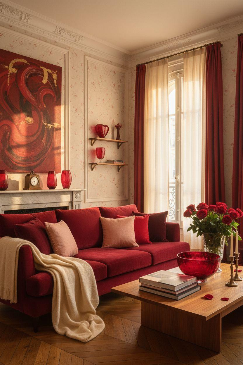 red Valentine's decor with crimson velvet sofa and abstract art