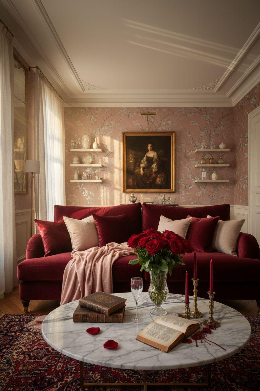 red Valentine's decor featuring deep crimson velvet and de Gournay wallpaper