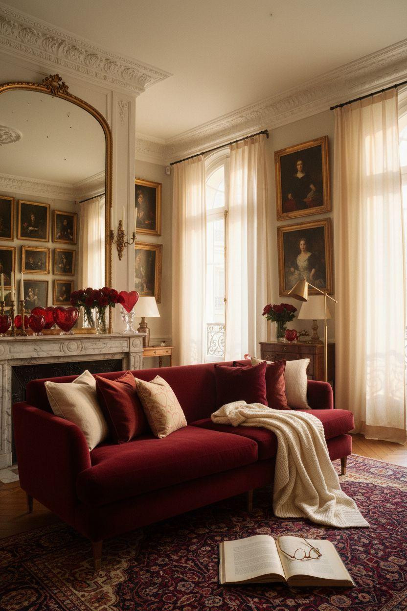 red Valentine's decor with crimson velvet sofa and blown-glass hearts