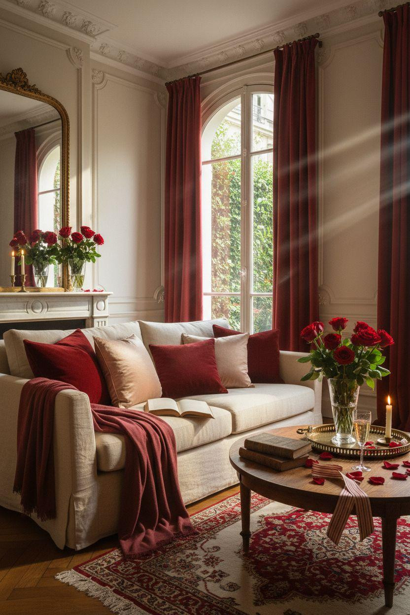 red Valentine's decor with cream sofa and crimson velvet accents