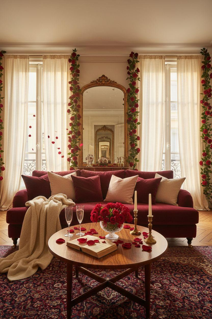 red Valentine's decor featuring rose garlands framing windows