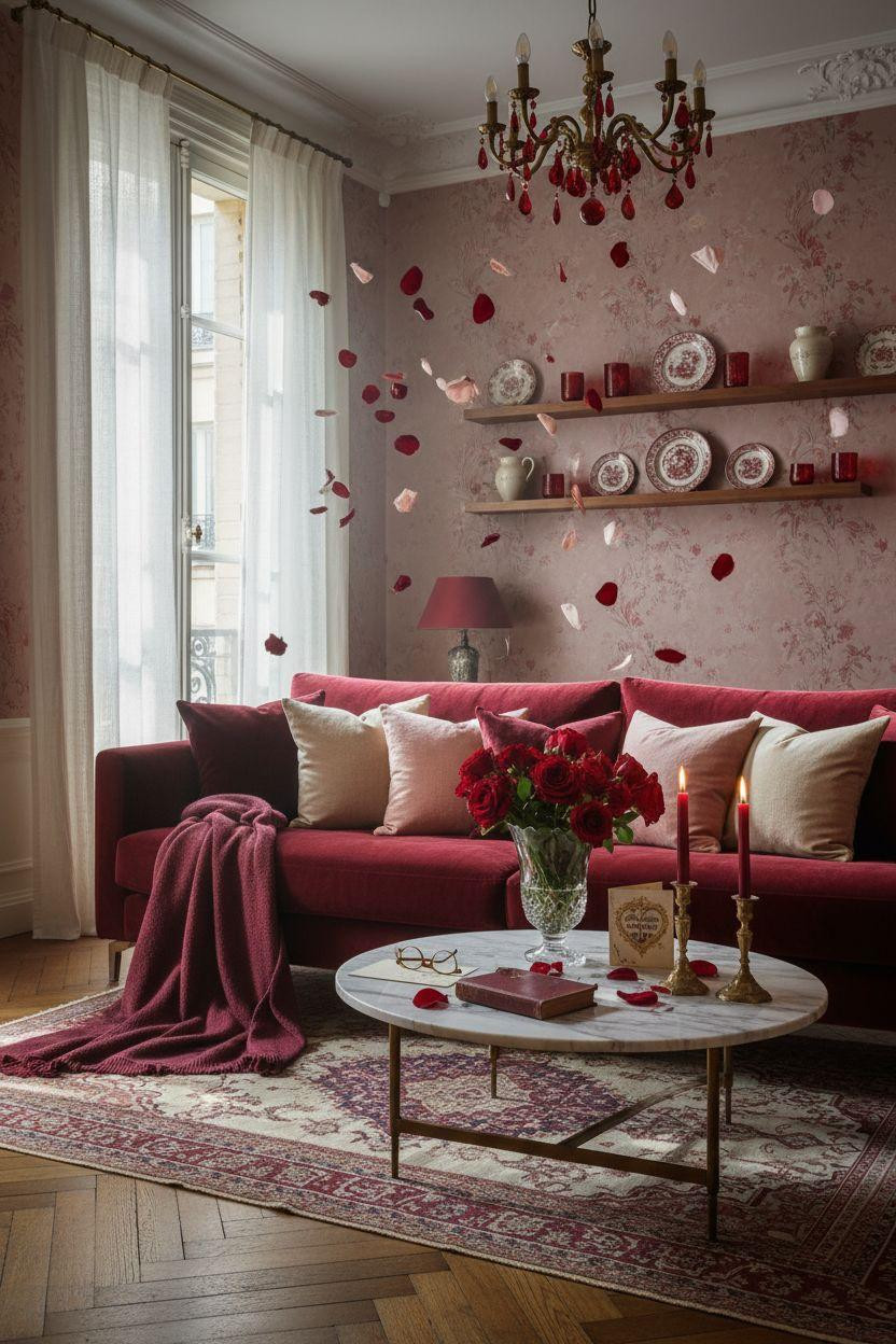 red Valentine's decor with burgundy velvet sofa and blush wallpaper