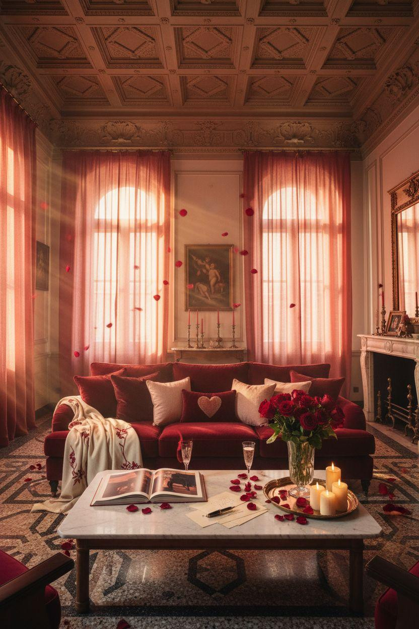 red Valentine's decor with floor-to-ceiling crimson silk curtains