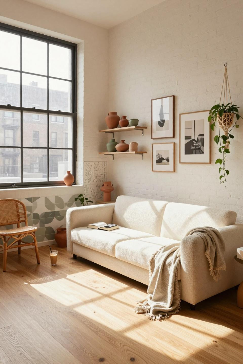 Renter friendly decorating - cozy apartment with neutral base and terracotta accents
