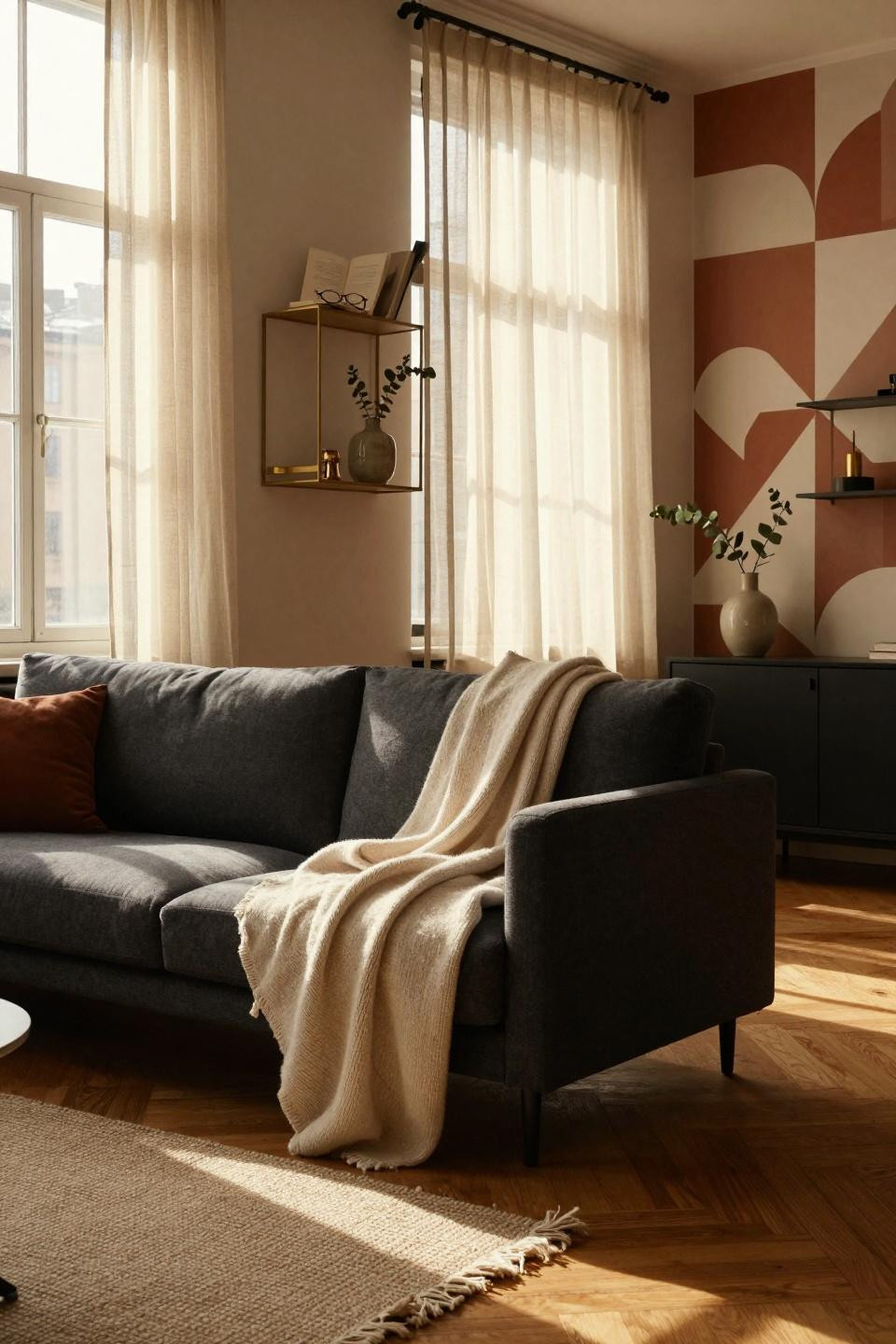 Renter friendly decorating - cozy living room with removable wallpaper and temporary upgrades