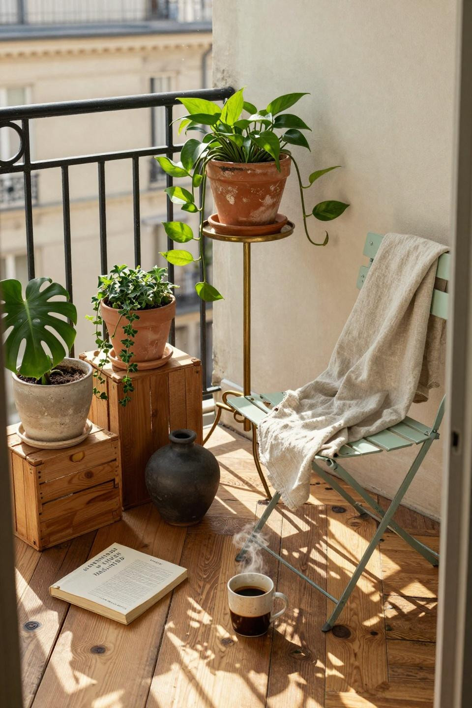 Renter friendly decorating - small balcony garden with vintage planters and trailing plants