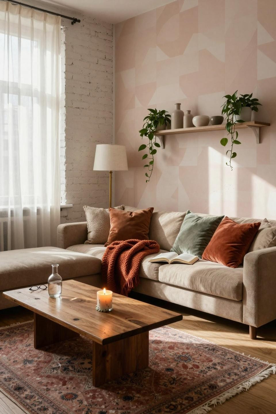 Renter friendly decorating - small living room with modular sofa and peel-and-stick wallpaper