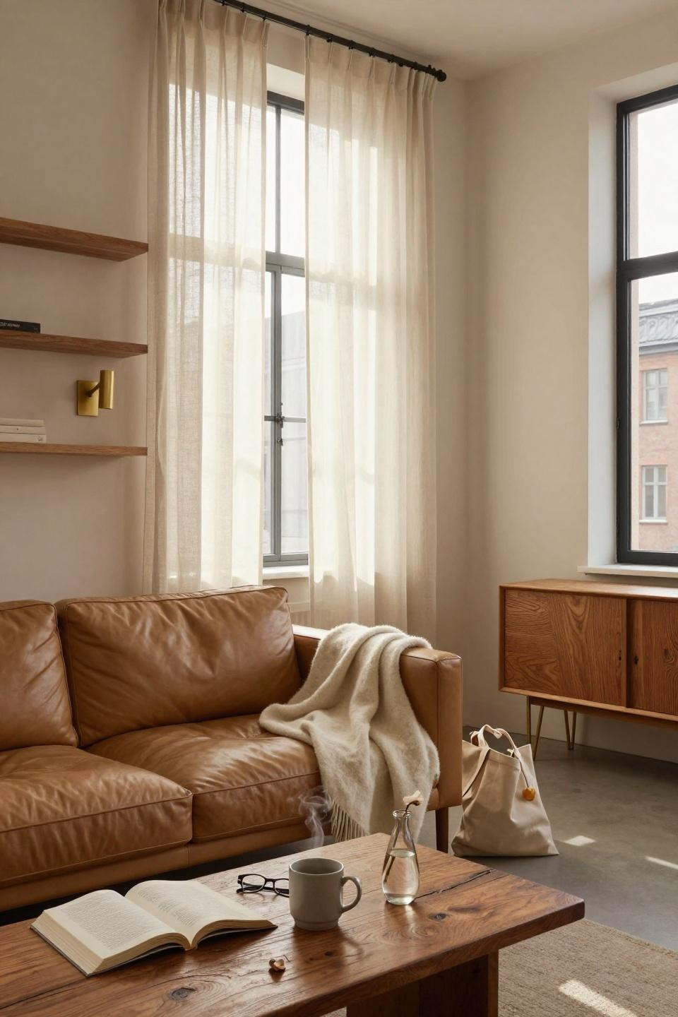 Renter friendly decorating - minimal studio with floating shelves and natural light