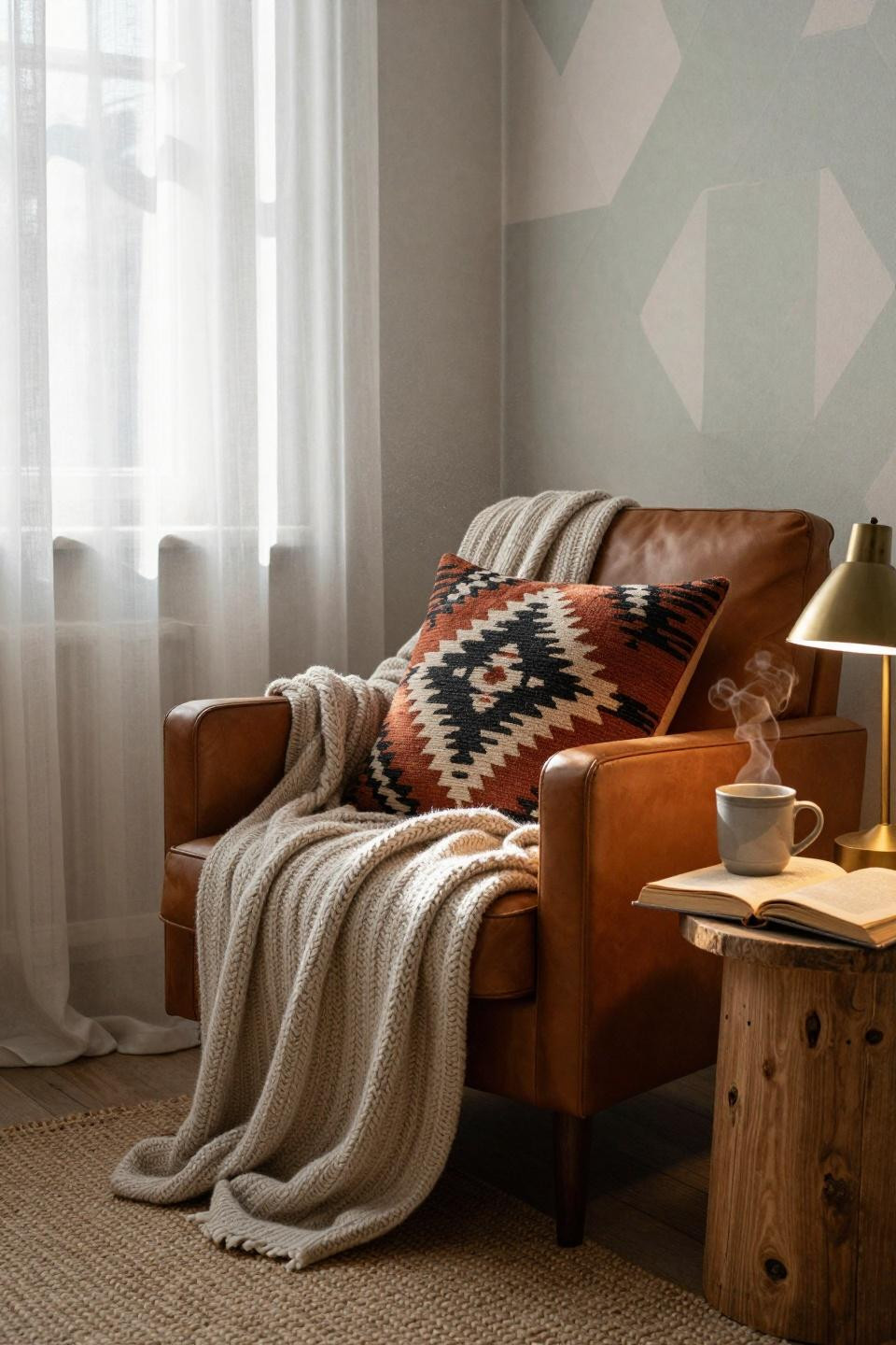 Renter friendly decorating - cozy corner with armchair and removable accent wall