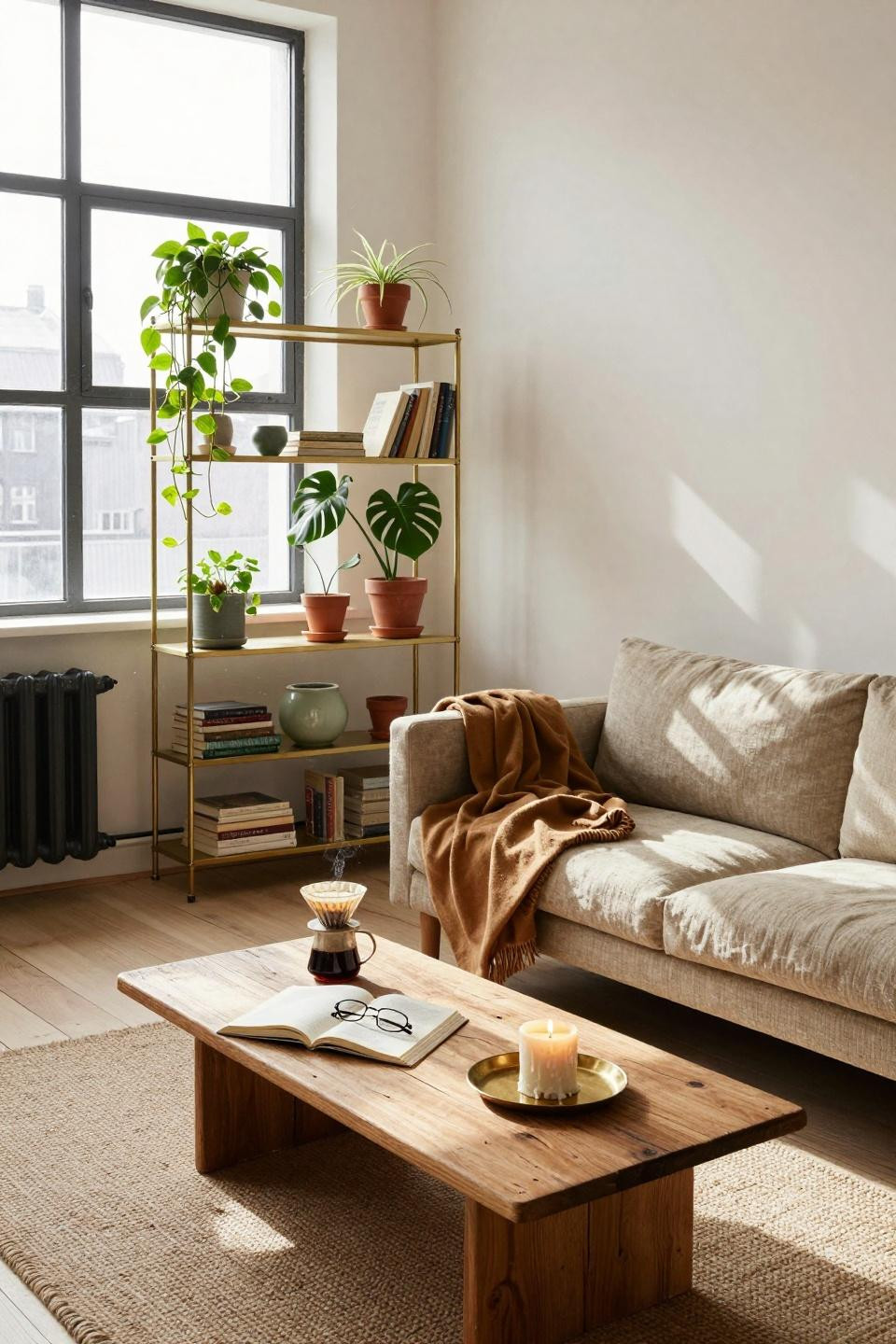 Renter friendly decorating - studio apartment with plants, natural light, and open storage