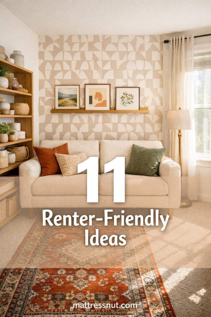 Bright rental apartment with removable peel-and-stick wallpaper, floating shelves, potted plants, and temporary decor