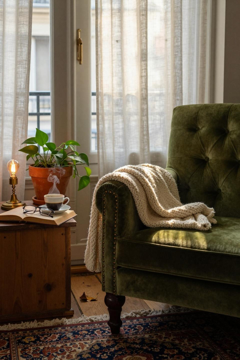 rest corner ideas - green velvet brass lamp corner