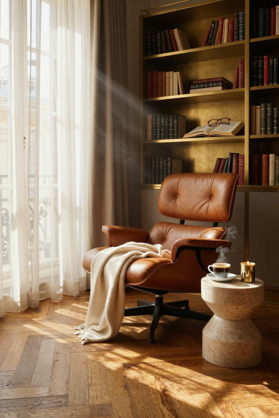 rest corner ideas - eames lounge brass shelving corner