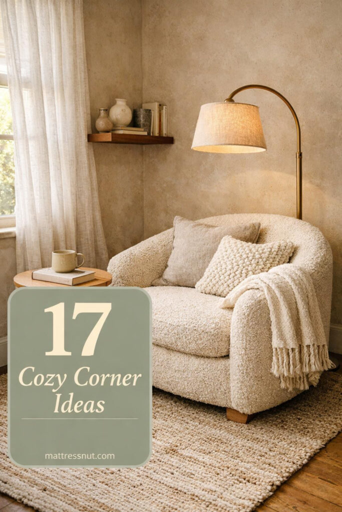 Cozy reading nook with plush armchair, soft throw blanket, floor lamp, and small side table in neutral tones