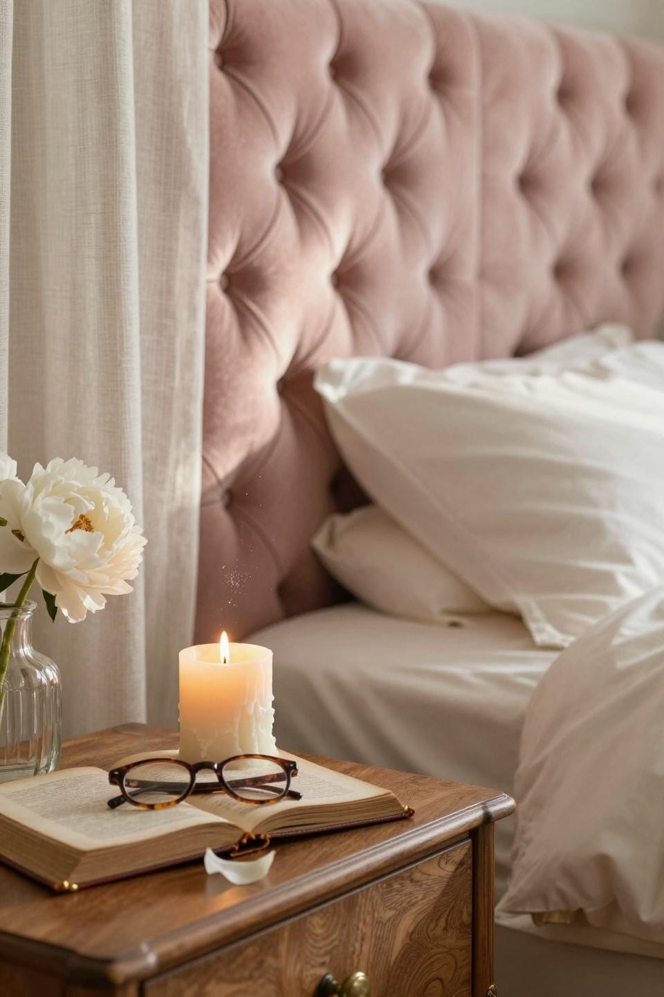 Luxurious Bedrooms Master Romantic - diamond-tufted blush headboard close-up