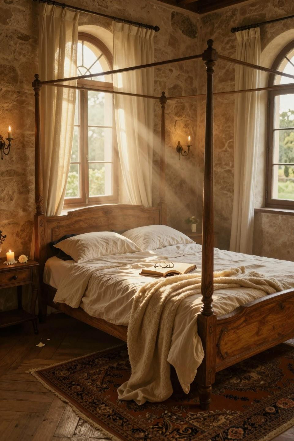 Luxurious Bedrooms Master Romantic - rustic stone walls and carved oak bed frame