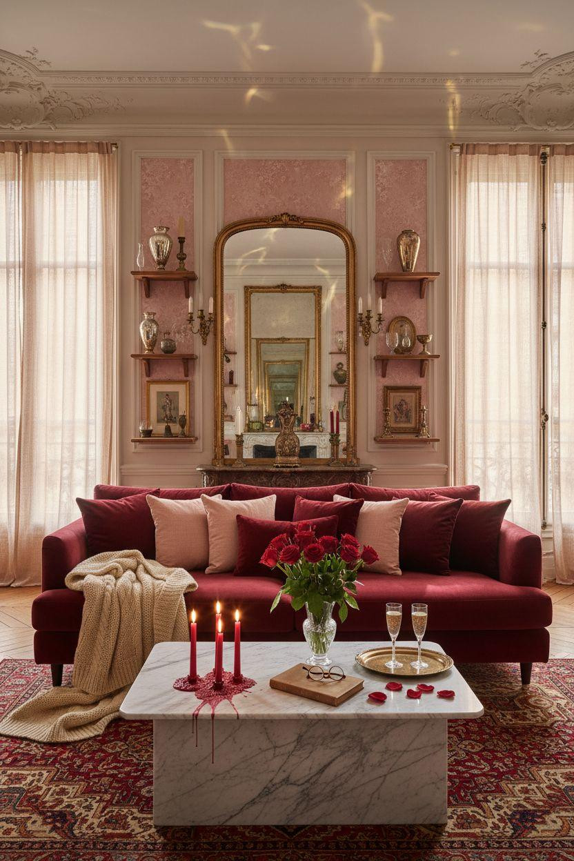 red Valentine's decor in Haussmann apartment with theatrical lighting