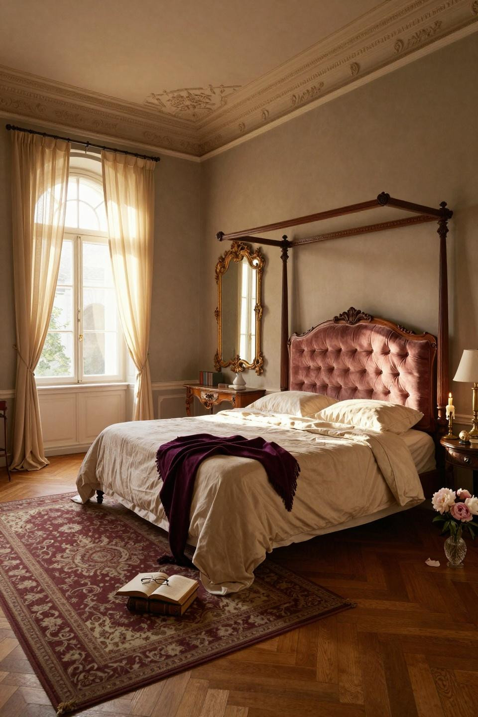 Unique bedroom design with tufted velvet headboard and coffered ceiling