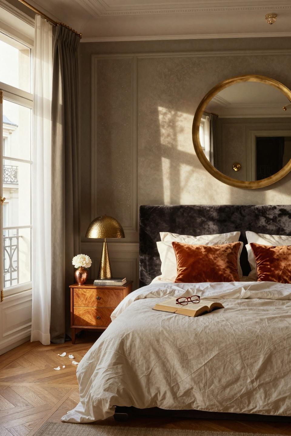 Unique bedroom design with velvet headboard and brass details