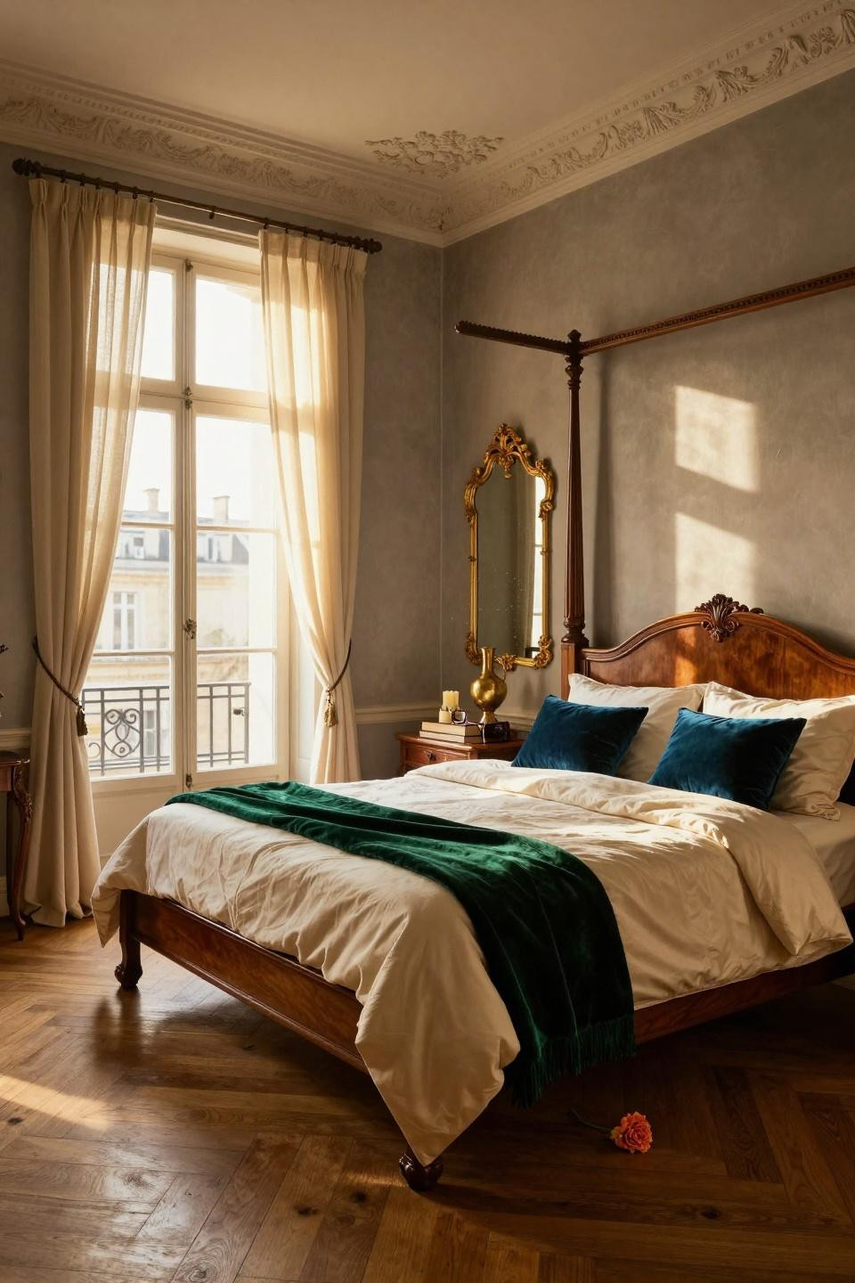 Unique bedroom design with carved walnut bed and jewel tone accents